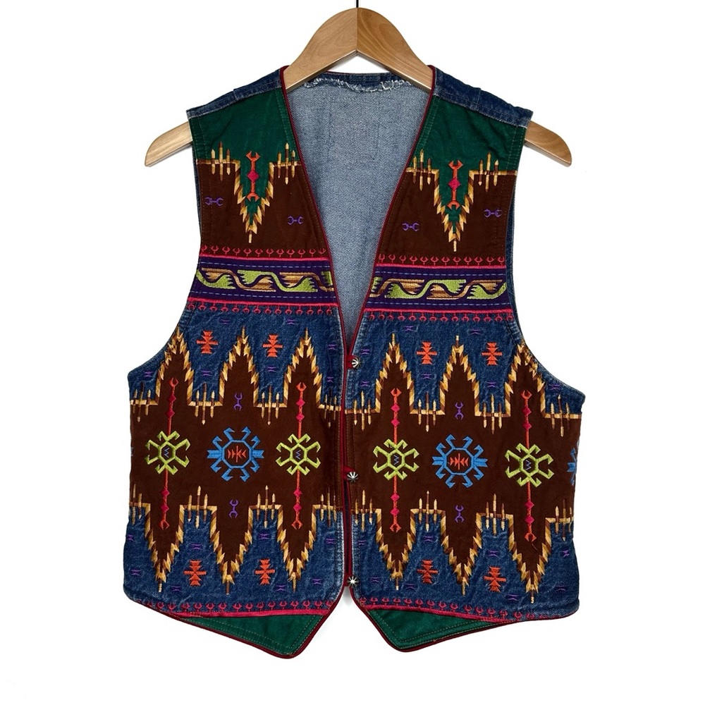 Vintage Hairston Roberson Ropa Embroidered Blue Denim Jean Vest Western Aztec